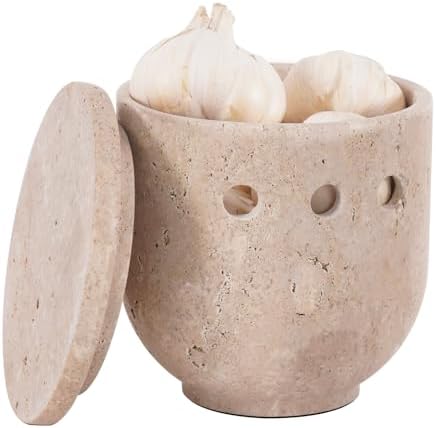 Travertine Garlic Keeper With Lid for Kitchen Counter Decor