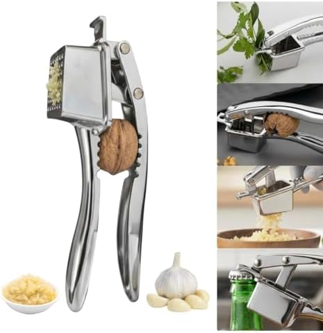4-in-1 Stainless Steel Finish Garlic Press, Crusher, Mincer, Nut Cracker, Herb Plucker, Bottle Opener, Zinc Alloy Kitchen Tool