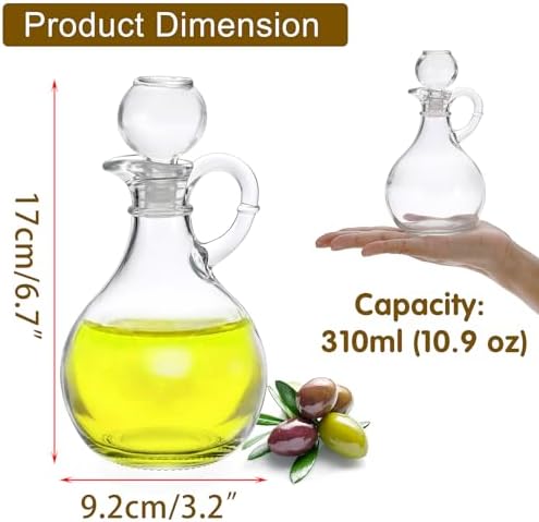 BSTKEY Set of 2 Olive Oil Dispenser Bottle with Stopper, 310ml Round Glass Cruet Bottles Dispenser for Kitchen, Salad Dressing Bottles, Cruets for Vinegar and Oil
