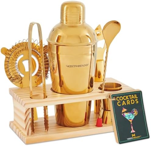 Modern Mixology Cocktail Shaker Set - Bartender Kit with Pine Stand | Leak-Proof Design | Includes Martini Shaker, Jigger, Strainer, Spoon, Tongs | Perfect Bar Tools Gift for Home Mixology (Gold)