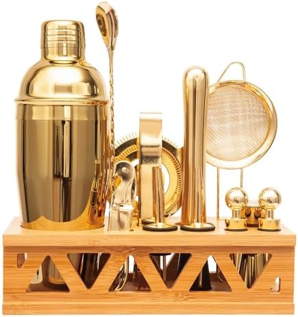 Cocktail Shaker Set Bartender Kit with Bamboo Stand,13 Piece Bar Set Stainless Steel Bar Accessories for Drink Mixing, Bar, Home, Party (Gold)
