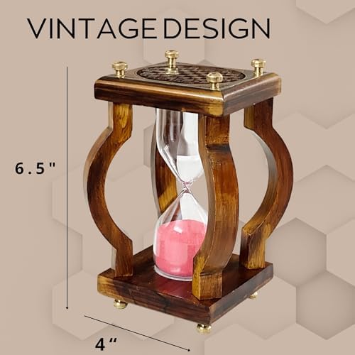 Vintage Wooden Hourglass Sand Timer with Red Sand and Brass Chessboard Top Solid Wood Frame & Brass Accents – Elegant Desk Decor for Home Office Study Living Room 6.5 inches (Design 3)