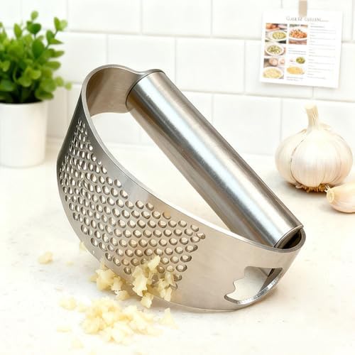 Garlic Press Set,Garlic Press Rocker Heavy Duty Stainless Steel Garlic Mincer, Garlic Chopper with Peeler And Cleaning Brush for Smash Garlic Kitchen Tools(2Set)