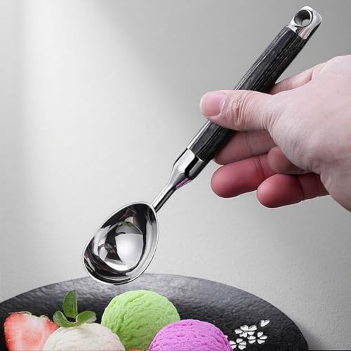 304 Stainless Steel Ice Cream Scoop with Wooden Handle, Heavy Duty Metal Ice Cream Scooper for Hard Ice Cream, Dishwasher Safe, Comfortable Grip for Home Kitchen and Restaurant