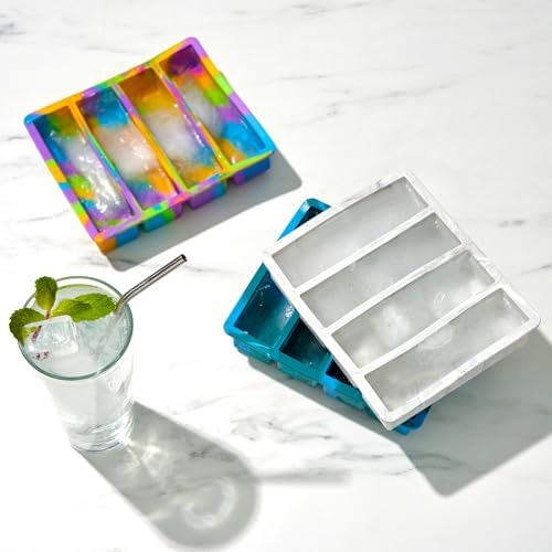 Host Ice Cube Tray, Makes Four 5-Inch Long Cubes, Durable Silicone Trays with Easy Release Design, Perfect for Water Bottles and Highball Glasses, Home Bar Accessories, Set of 1, Blue Marble