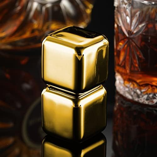 2 Large Whiskey Stones 64 cm³ (4 cu in) - Man Gift Set - Reusable Stainless Steel Metal Ice Sphere Cubes Beverage Chilling Rocks Whiskey Stones for Red Wine, Bar Beer, Scotch, Vodka Drinks - Gold