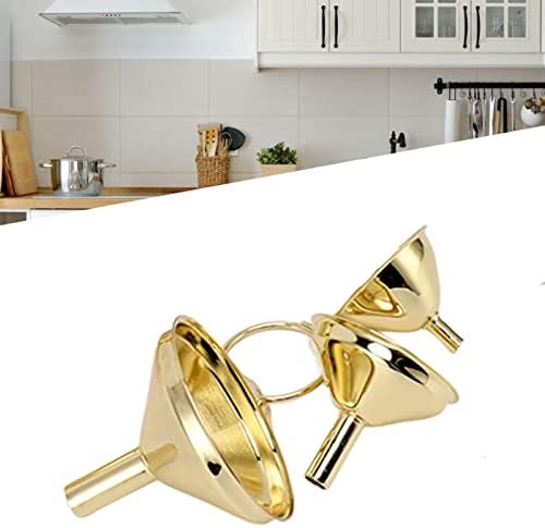 Septpenta 3 Piece Gold Stainless Steel Funnel Set, One Side Handle Features Curved Body, Narrow Stem Prevents Spills, Polished Inside and Out Smooth Surface for Canning Kitchen Tools