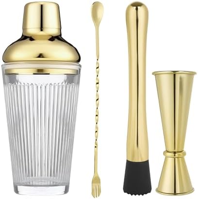 Cocktail Shaker Set 17oz, Gold Glass Martini Shaker with Strainer & Lid, Durable Bar Tools for Home Bartenders, Gift Box Included