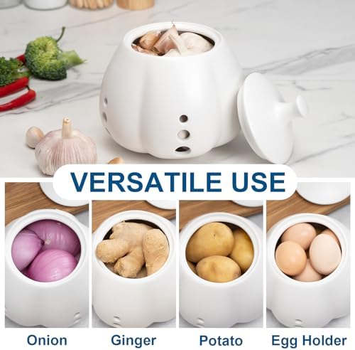 Ceramic Garlic Keeper for Counter, Large Garlic Storage with Lid Garlic Saver for Kitchen to Keep Your Cloves Fresh Longer, White
