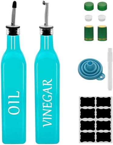 Olive Oil Dispenser Bottle,2 Pcs 17oz 500ml Glass O il and Vinegar Dispenser Set with 2 Stainless Steel Pourers, 8 Labels,Funnel Vinegar Bottles for Kitchen (Turquoise)