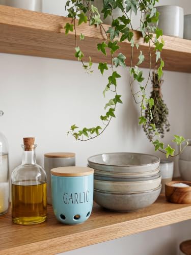 Ceramic Garlic Saver Container with Wood Lid (Turquoise)