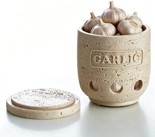 Polytree Handmade Beige Travertine-Look Garlic Keeper with Lid – Farmhouse Kitchen Countertop Garlic Storage Container for Fresh Garlic Cloves, Rustic Garlic Saver for Gift