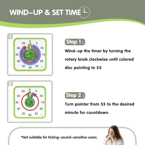 TWENTY5 SEVEN Countdown Timer 7.5 inch, 60 Minute 1 Hour Visual Timer for Classroom Teaching Tool Office Meeting, Mechanical Countdown Clock for Kids Exam Time Management Magnetic, Green Dinosaur