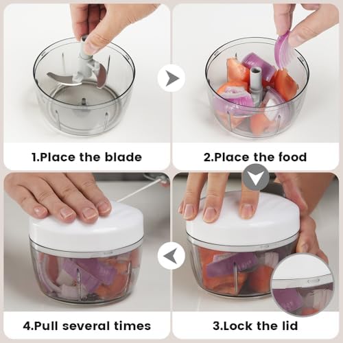 Manual Food Processor & Vegetable Chopper Green - 2.3 Cup Mini Hand-Pull Cord Kitchen Chopper for Onion, Garlic, Vegetables with 3 Stainless Steel Blades
