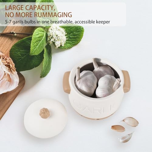 5.1' White Ceramic Garlic Keeper with Lid & Vent Holes for Counter