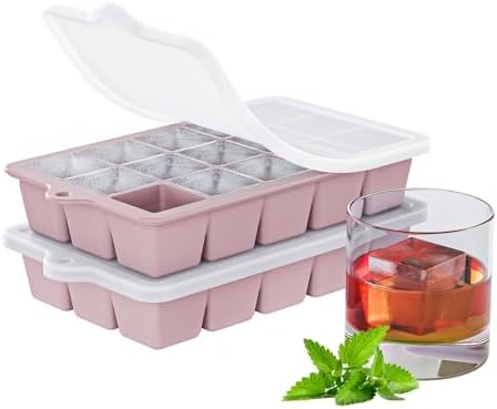 Silicone Ice Cube Tray 2 Pack - EASY RELEASE ice cube tray with lid, BPA Free Ice Cubes Trays for Freezer,ice cube mold for Cocktail,Whiskey (Pink)