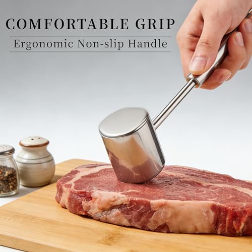 304 Stainless Steel Meat Pounder Kitchen Cooking Mallet Meat Tenderizer Mallet Meat Mallet Hammer Tenderizer,Dual Side Heavy Duty Meat Beater Pounder Flattener Meat Hammer for Steak and Beef