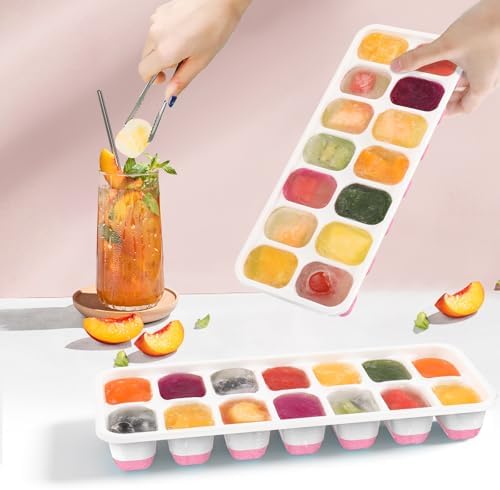 Ice Cube Tray with Lid, 4 Pack Silicone & Plastic Ice Cube Trays for Freezer, BPA Free, Stackable Ice Maker Trays for Freezer, Easy-Release and Flexible Ice Trays for Cocktail, Coffee, Tea