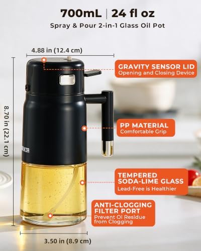 23.7oz/700ml Glass Olive Oil Sprayer for Cooking, 2-in-1 Oil Dispenser for Kitchen, Air Fryer, Salad, BBQ, Food Grade Spray Bottle with Portion Control