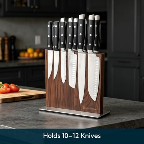 KITCHENDAO Black Walnut Magnetic Knife Block, Double-sided Magnetic Knife Holder Without Knives, Strong Magnet Knife Stand for Kitchen Countertop, Weighted Non-Slip Base
