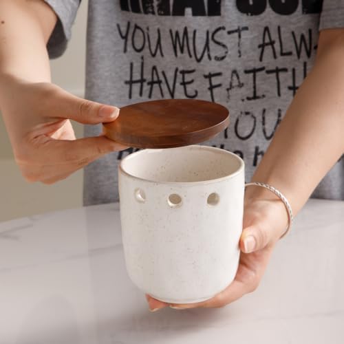 Garlic Keeper with Wood Lid, Ceramic Garlic Saver, Large Garlic Holder