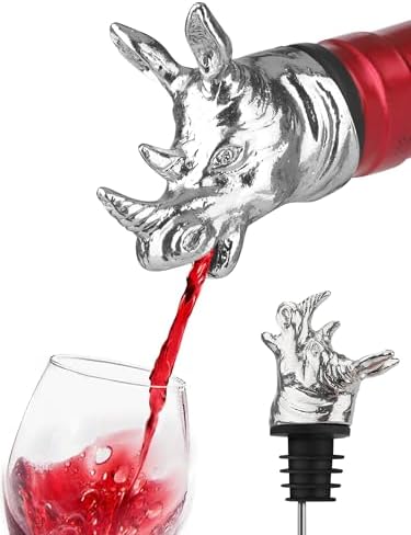 Rhino Wine Pourer, Metal Animal Wine Bottle Pourer Spout with Stopper, No-Drip Liquor Pour Spout for Wine, Whiskey, Spirits, Decorative Rhinoceros Bottle Topper Bar Accessory, Gift for Men
