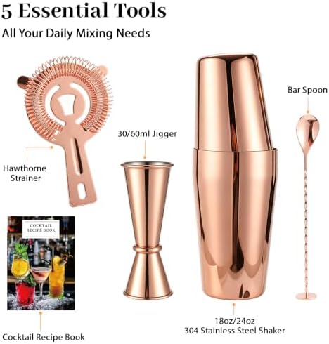 Boston Cocktail Shaker Set, 18 oz & 28 oz 2-Piece Tins, 304 Stainless Steel Bartender Kit 5-Piece Bar Tool Set with Recipe Book, Perfect for Novices & Pros, Home and Bar Use (RoseGold)
