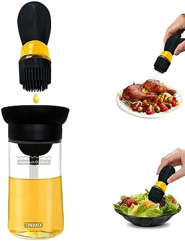 Oil Dispenser with Brush - Glass Olive Oil Dispenser Bottle with Silicone Basting Brush for Kitchen Cooking Vinegar Frying Baking, T-OB21S, Black