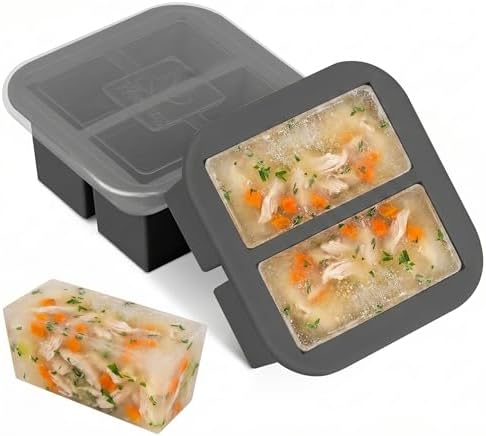Silicone Freezer Tray with Lid 2 Pack Silicone Freezer Molds Ice Cube Tray Makes 4 Perfect 1 Cup Portions Soup Cubes Meal Prep Containers- Oven & Dishwasher Safe