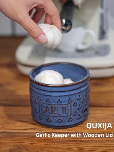 Ceramic Garlic Keeper with Lid, Garlic Holder 4.3-Inch (Vintage Blue)