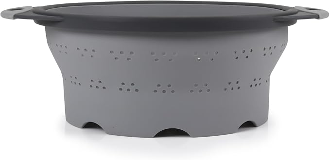 Dexas 10" Collapsible Silicone Colander in Cool Grey, Kitchen Strainer with Handles, 15.1 Cup Capacity | BPA-Free, Heat-Resistant, Space-Saving Kitchen Tool