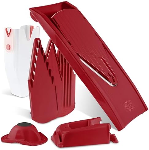 Mandoline Food Slicer Börner V1 (Profi Set) by Reston Lloyd • V-Slicer with 4 Inserts, Docking Station & Food Holder • Made in Germany • Fruit & Vegetable Chopper • Multiple Settings • Color: Red