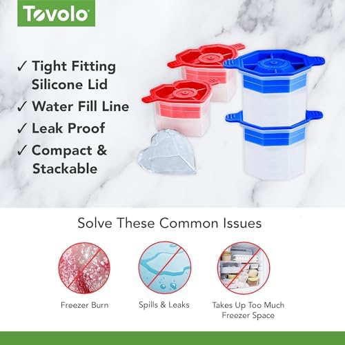 Tovolo Heart and Diamond Ice Cube Molds Set of 4 Large Craft Ice Molds for Whiskey Bourbon Cocktails, Easy Fill Stackable Silicone Ice Cube Trays with Leak Proof Lids Dishwasher Safe BPA Free