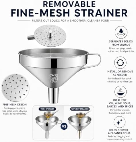 304 Stainless Steel Funnel with Filter Mesh，304-4.92In