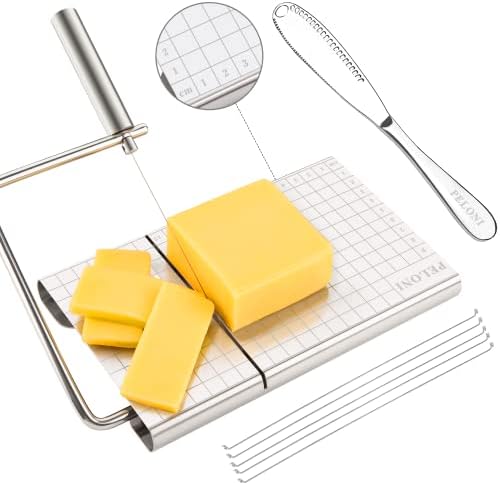 Cheese-Slicer with Board, Stainless-Steel-Cheese butter Slicer with 5 Replacement-Wire butter Cutters with Butter-Spreader Stainless Steel Knife (Cheese-Slicer + Butter-Spreader)