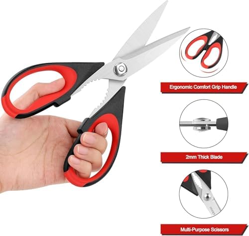 Kitchen Scissors All Purpose Heavy Duty, Kitchen Utensils Set, Stainless Steel Cooking Utensils Gadgets, Meat Poultry Food Shears Dishwasher Safe Utility Tools Home Gift (Black Red)