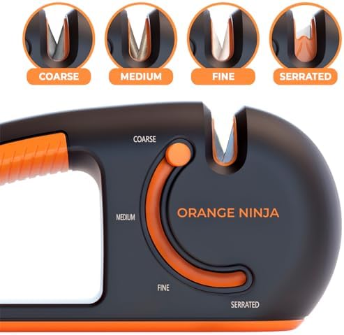 Orange Ninja 4-Stage Knife Sharpener & Serrated Knife Sharpener– Repairs, Sharpens & Polishes Blades with Ergonomic Non-Slip Grip (Pack of 2)