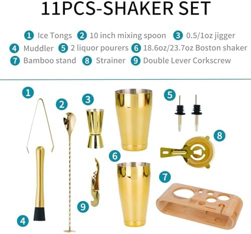 Cocktail Shaker Set Stainless Steel Shakers Bartending kit Bar Kits Bar Tool Sets for Professional Bartender and Home (Gold, 10-Pcs Boston Shaker)
