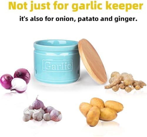 ONTUBE Ceramic Garlic Keeper with Wooden Lid 4-Inch,Garlic Holder (Turquoise)