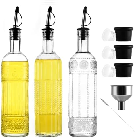 3-Pack Glass Oil Dispensers 500ML/17OZ, Oil and Vinegar Bottles Set with Stainless Steel Pourers, Brush, Funnel, Seal Caps (Round)