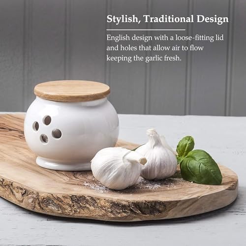 WM Bartleet & Sons 1750 Traditional Porcelain Garlic Storage Pot with Wooden Lid 10cm – White, One Size
