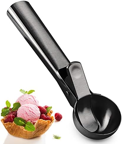 D Ice Cream Scoop, Stainless Steel Ice Cream Scooper with Trigger Release, Metal Cookie Scoops, Iceream Scoop Spoon for Meatball Frozen Yogurt Gelatos and Sundaes, Dishwasher Safe (Black)
