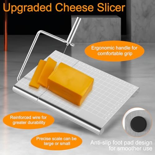 Stainless Steel Cheese Slicer with 5 Replacement Wires，with Measuring Grids，For Block Cheese, Butter, Sausages, Fruits Kitchen Gadget Cheese Cutting Board