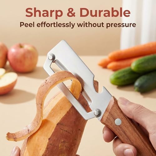 Multi-Functional Vegetable Peeler for Kitchen, New Ultra-Sharp Stainless Steel Blade with Wooden Handle and Bottle Opener, For Fruits and vegetables (3 Pcs)