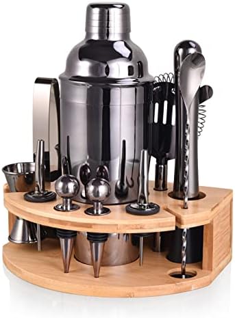 Bartender Kit with Stylish Bamboo Stand, 12 Piece 25oz Cocktail Shaker Set for Mixed Drink, Professional Stainless Steel Bar Tool Set, Gift for Man Dad- Cocktail Recipes Booklet (Grey)