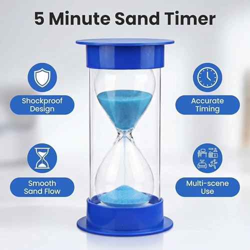 Hourglass Sand Timer 5 Minutes, Dual Protection Hour Glass with Sand, Sand Timer for Kids Safety, Sand Clock Watch Management Assistant, Creative Gift, Living Room Office Decorative (Blue)