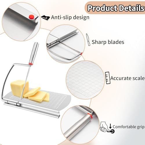 Cheese Slicer,Stainless Steel Cheese Cutter,Multipurpose Cheese Slicers with Grid Scale and Anti Slip Rubber Pads for cutting Cheese,Butter,Sausages,Bread