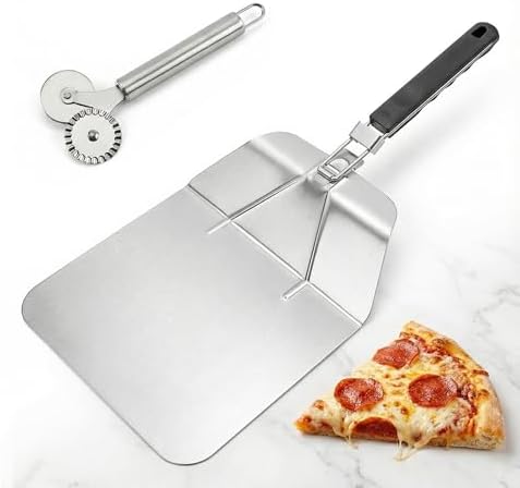2-in-1 Stainless Steel Pizza Peel Set with Folding Handle & Multifunction Dough Cutter - Professional Pizza Shovel for Home & Outdoor Pizza Ovens, Grilling, Baking
