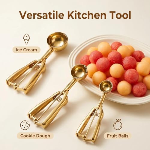 Gold Ice cream spoon,cookie Scoop Set,Stainless steel ice cream scoop with trigger release,3 Sizes (3pcs set)