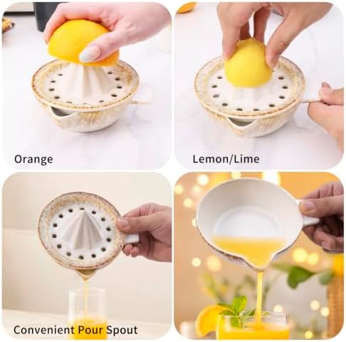 Lemon Orange Grapefruit Juicer Manual Squeezer Ceramic Hand Juicer Reamer Rotation Press with Strainer＆ 5oz Bowl, Pour Spout, Handle, Dishwasher Safe, Easy to Clean,Sandy Beige